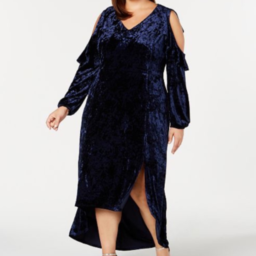 Navy Crushed-Velvet Cold-Shoulder Dress